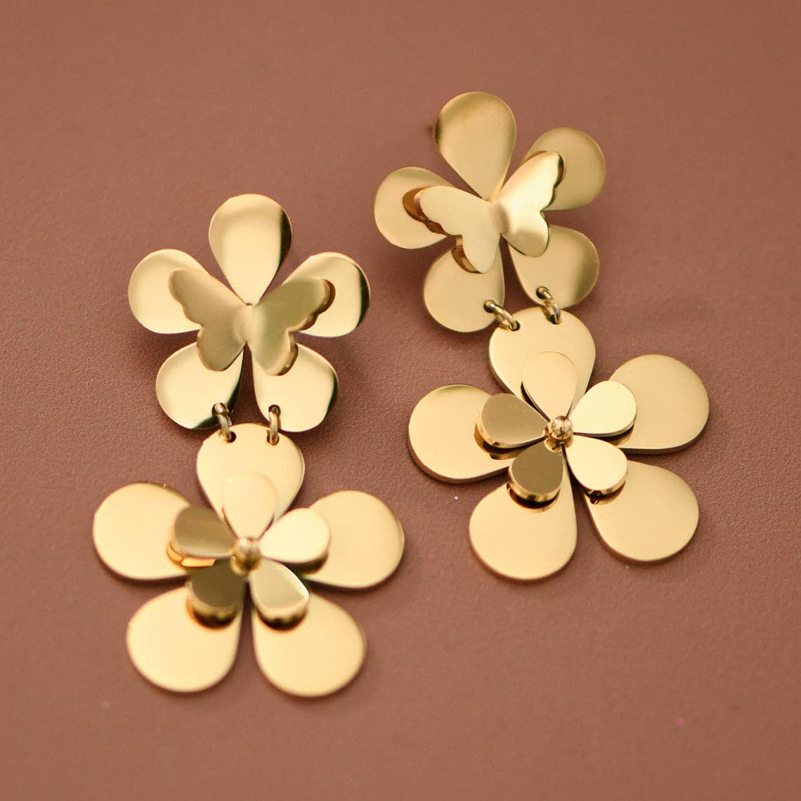 18K Gold PVD Plated Stainless Steel Floral Dangle Earrings