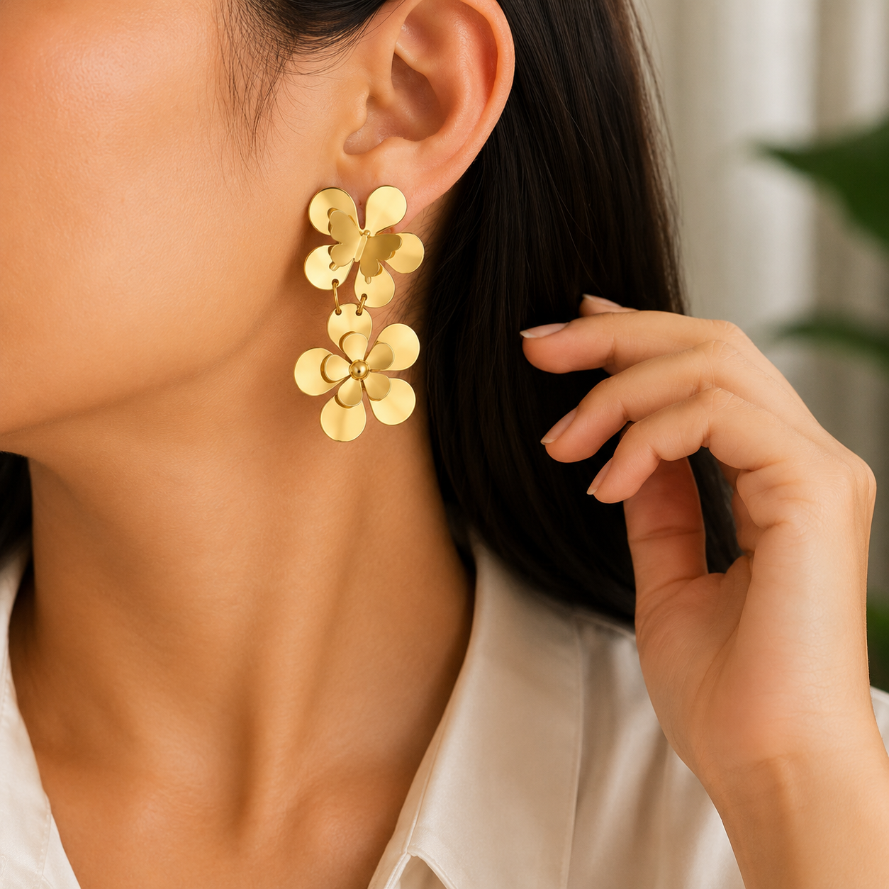 18K Gold PVD Plated Stainless Steel Floral Dangle Earrings