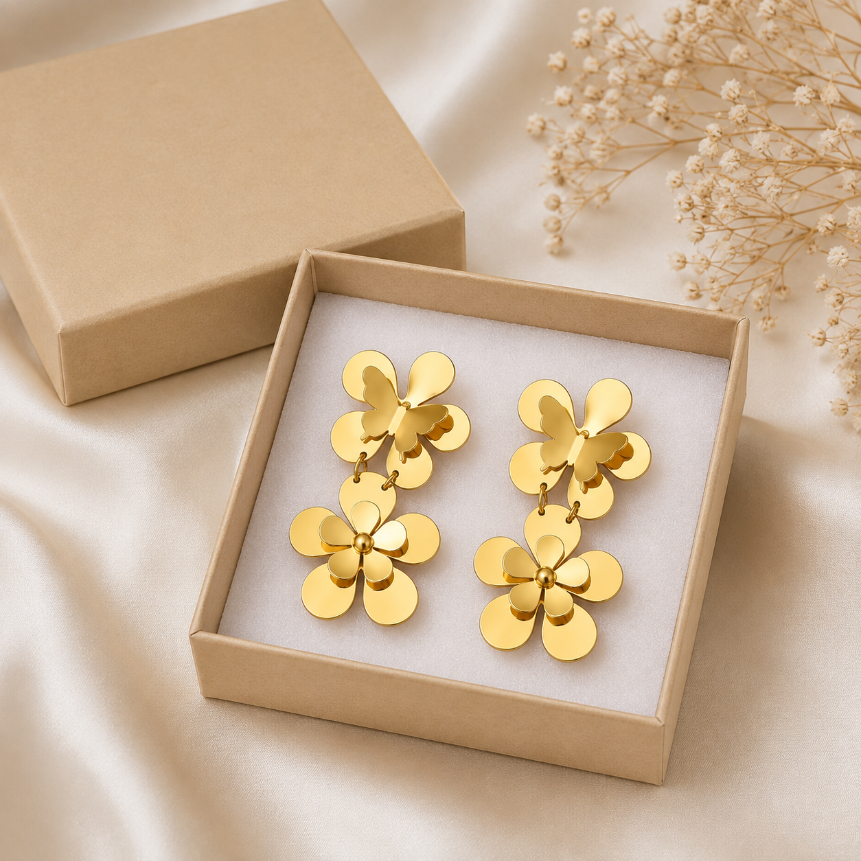 18K Gold PVD Plated Stainless Steel Floral Dangle Earrings