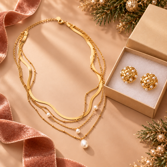 Layered Necklace & Pearl Stud Duo
