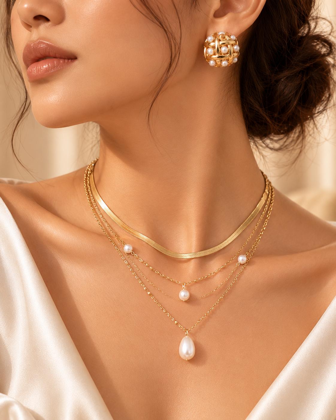Layered Necklace & Pearl Stud Duo