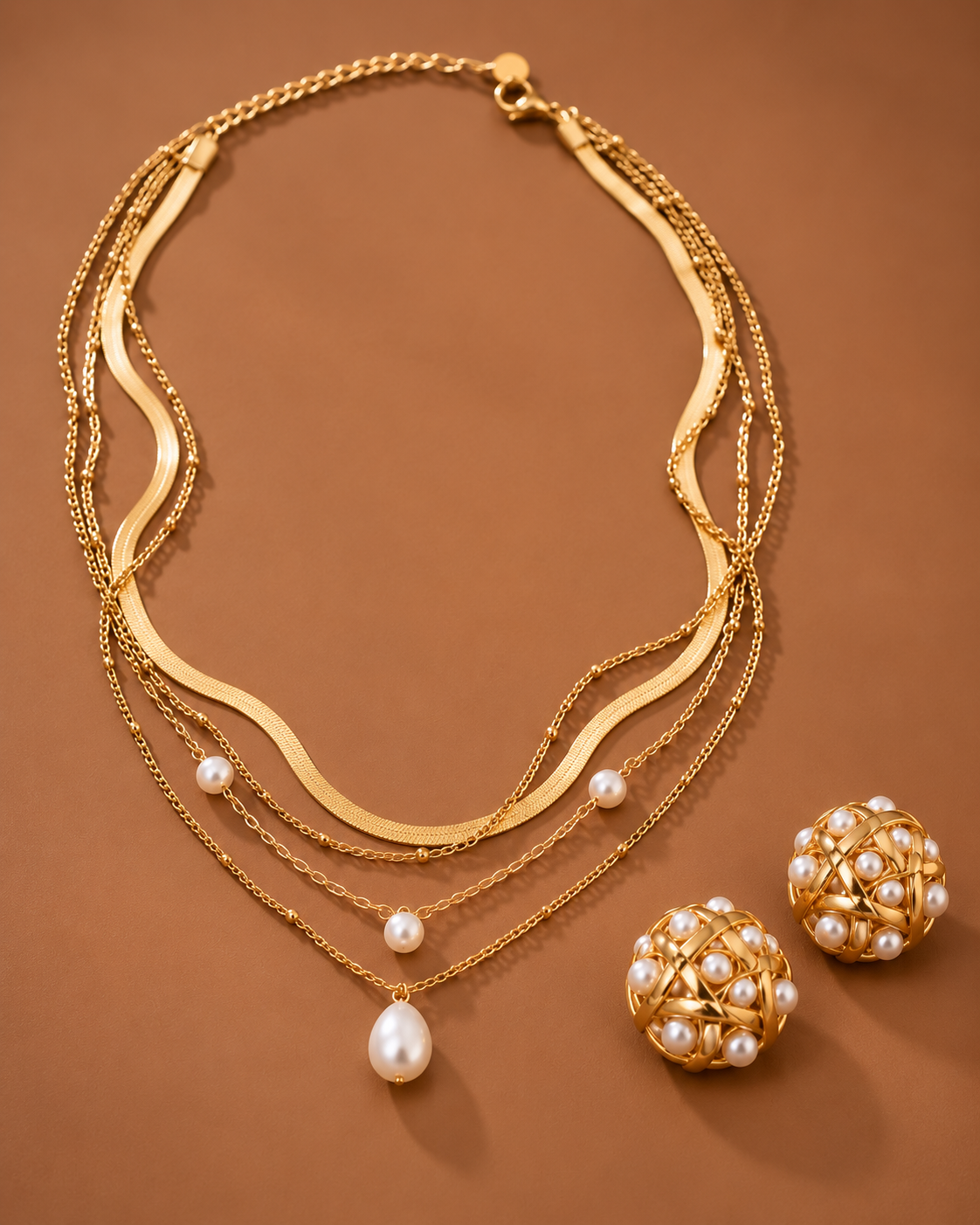 Layered Necklace & Pearl Stud Duo