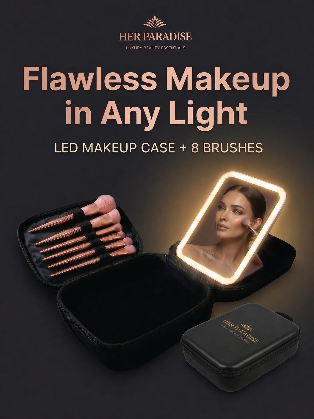 Her Paradise LED Makeup Case with Mirror & 8-Piece Brush Set