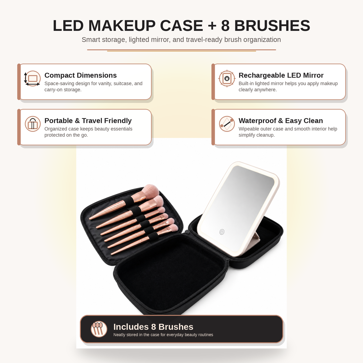 Her Paradise LED Makeup Case with Mirror & 8-Piece Brush Set