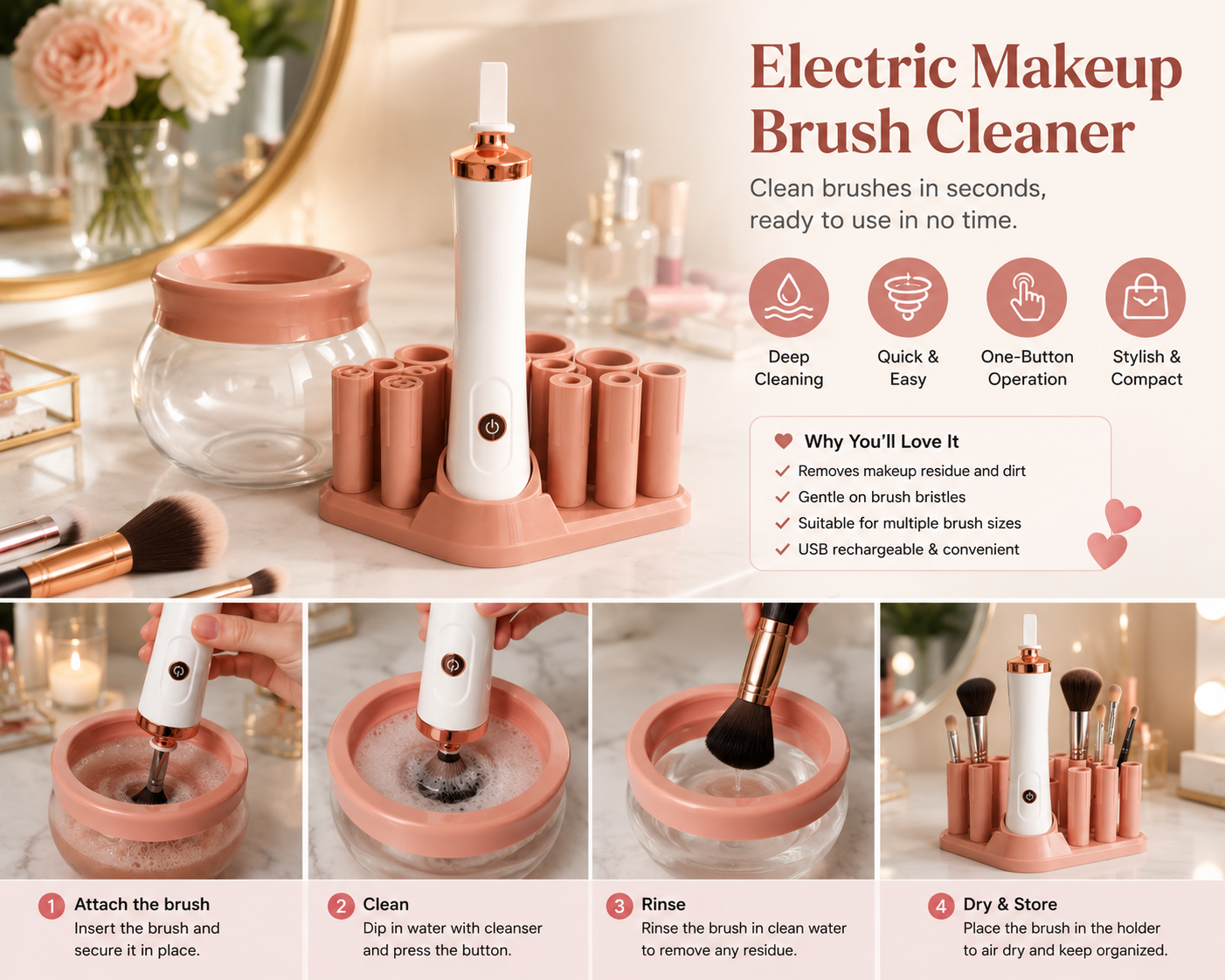 Electric Makeup Brush Cleaner – Rose Gold