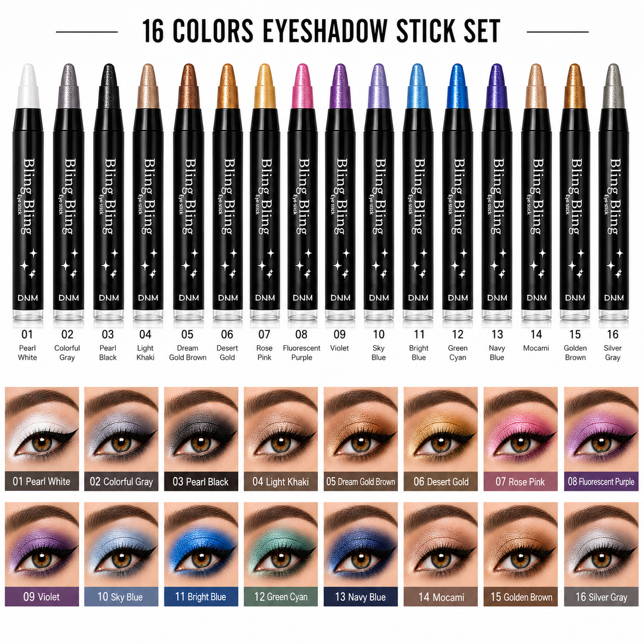16-Color Pearlescent Eyeshadow & Eyeliner Pen Set
