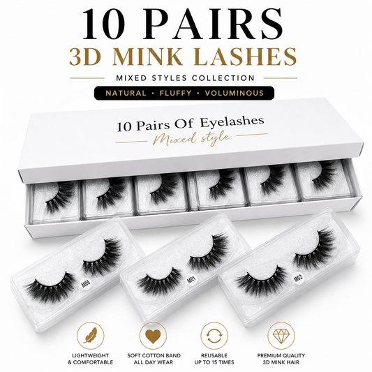 10 Pairs Mixed 3D Thick False Lashes – Natural Look Variety Set