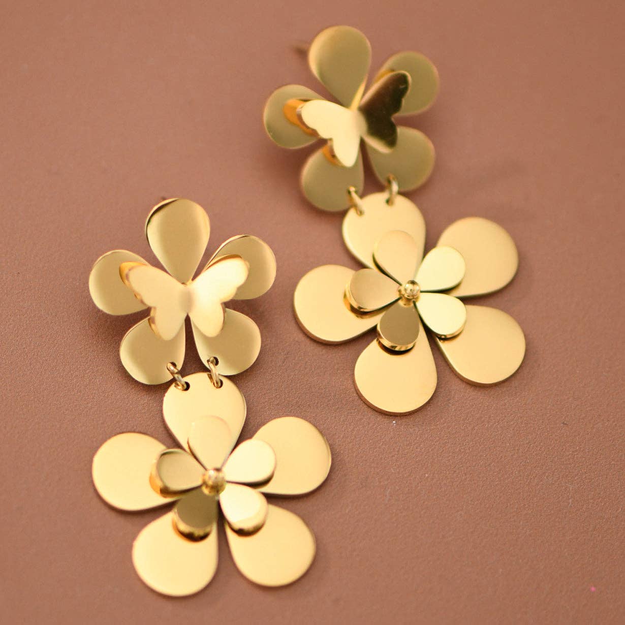 18K Gold PVD Plated Stainless Steel Floral Dangle Earrings