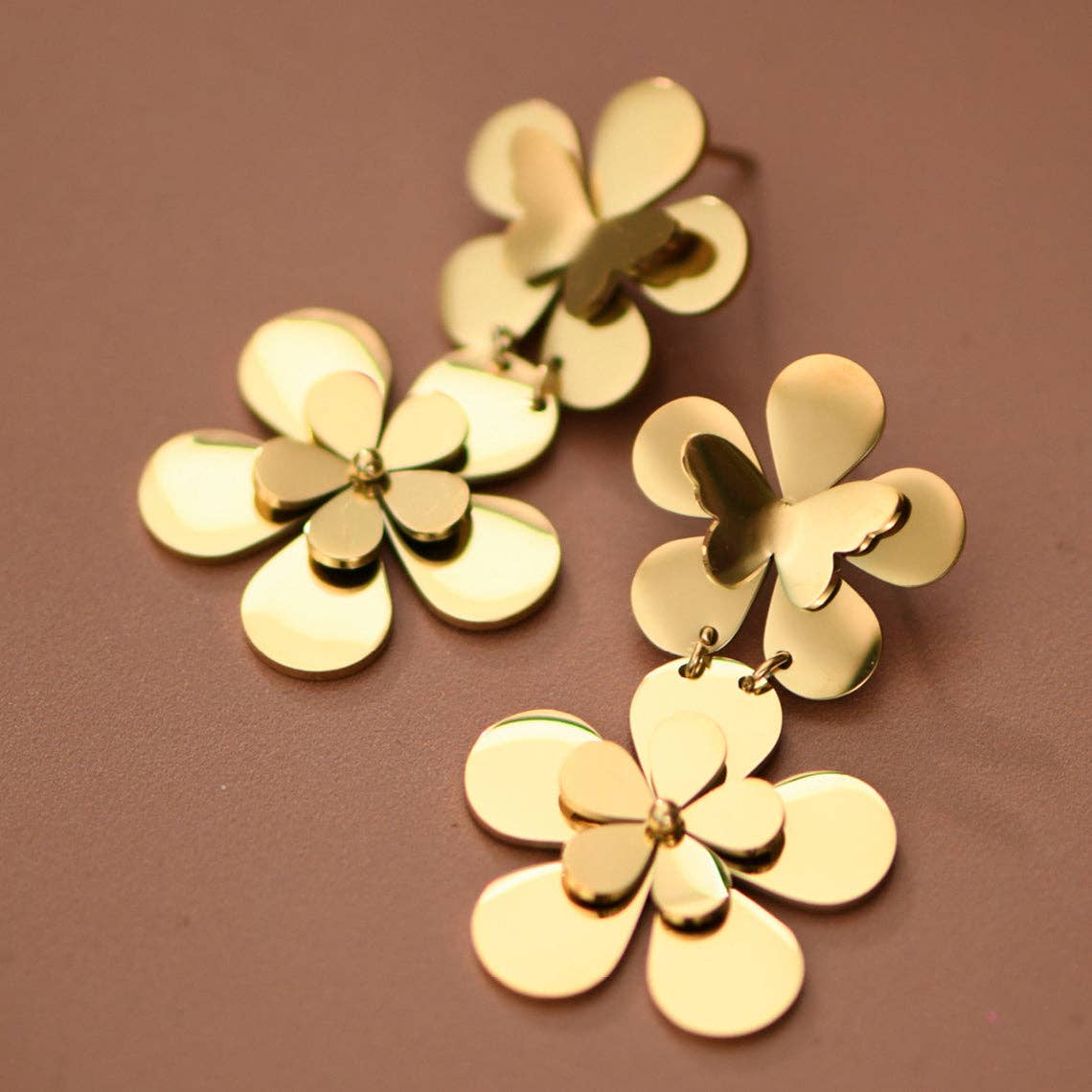18K Gold PVD Plated Stainless Steel Floral Dangle Earrings